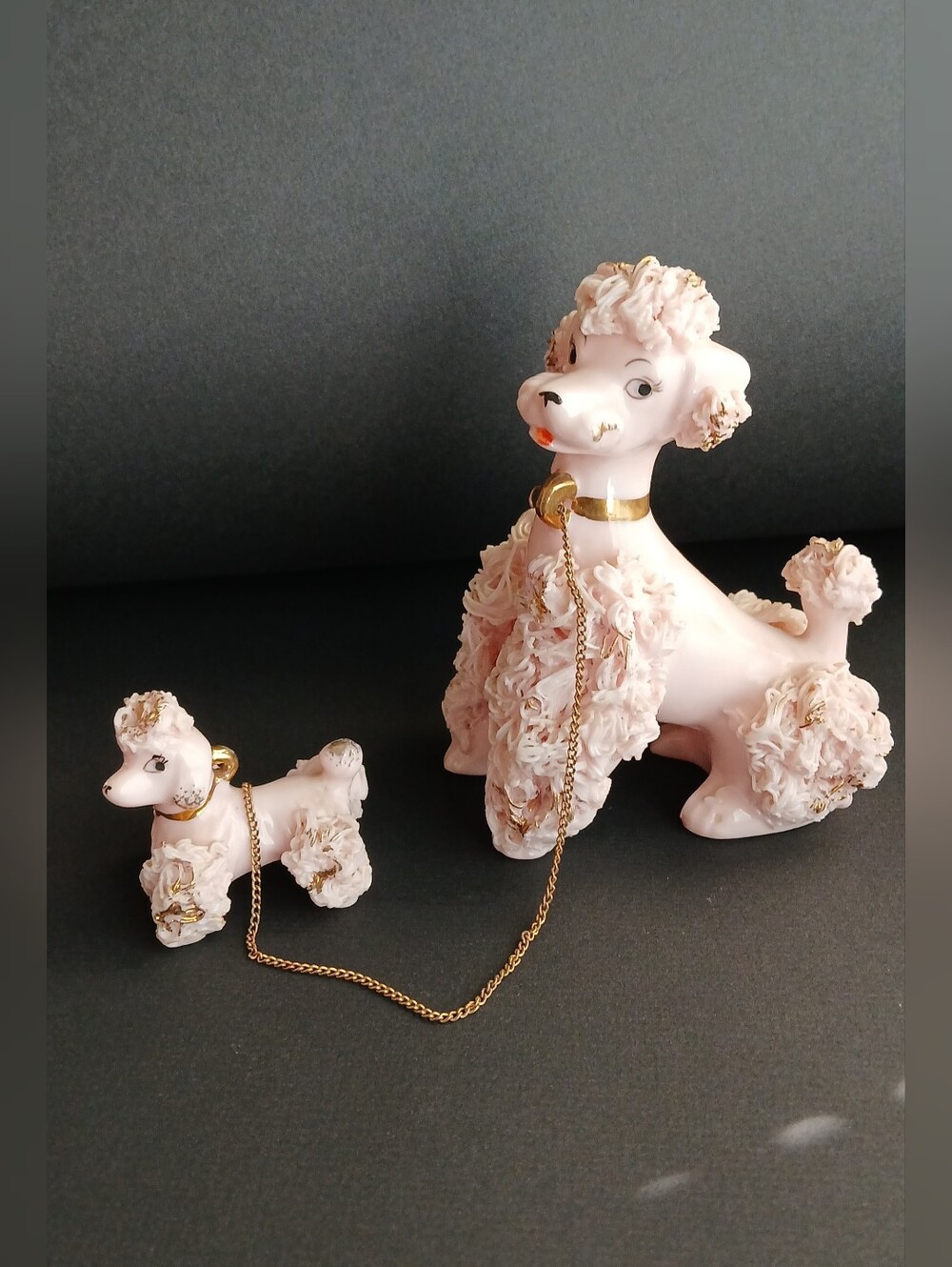 Vintage 50's Pink Spaghetti Poodles W/ Gold Chain Figurine Set